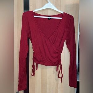 Red Long Sleeve Wrap Top